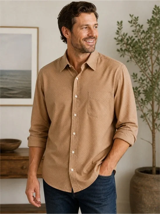 J.Crew Secret Wash Slim  Shirt Men’s XL Tan Dots Stretch Button Down