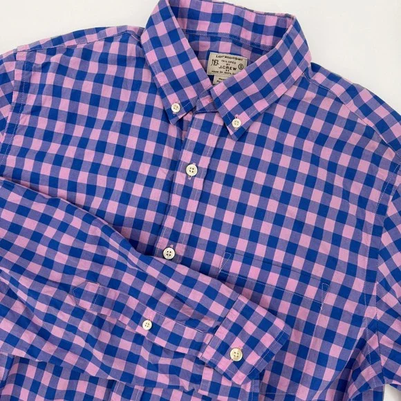 J Crew Men Tailored Lightweight Cotton Gingham Button Down Shirt Pink Blue Small