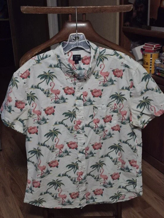 J. Crew Cream Button-Down Shirt with Pink Flamingo & Green Palm Print