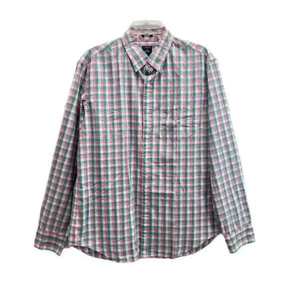 J Crew Flex Washed Plaid Button Down Shirt size Large Pink Blue