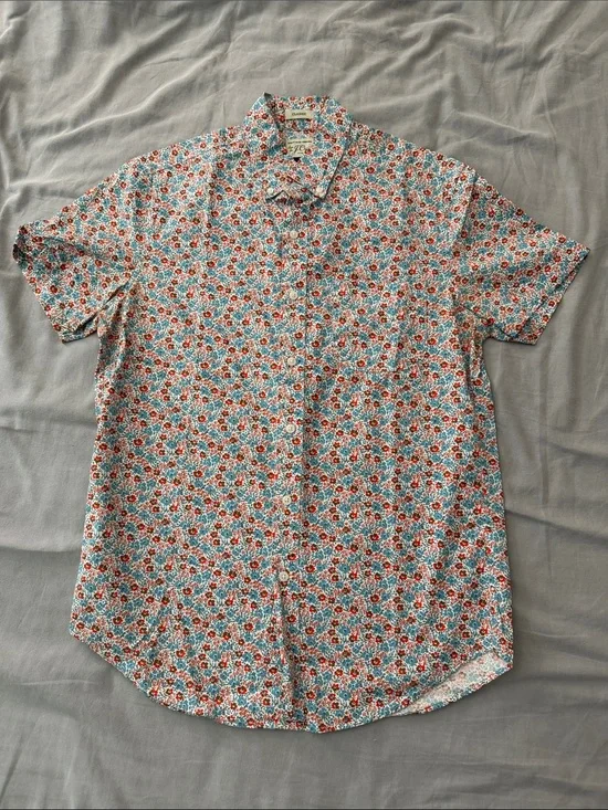 J. Crew Short-Sleeve Floral Button-Down in Teal and Red