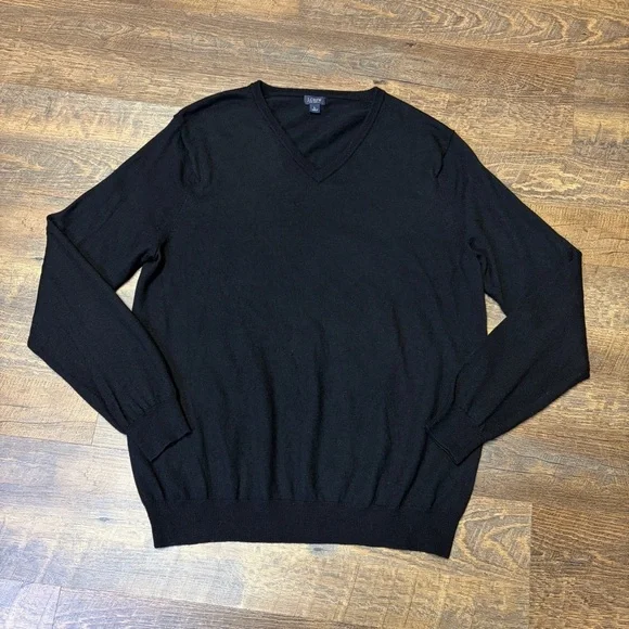 J Crew Merino Wool Sweater Pullover V-Neck Men's Large Black  Preppy Casual Knit