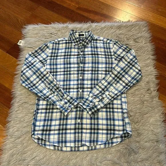 Jcrew men’s white, blue and teal plaid‎ long sleeve cotton button down