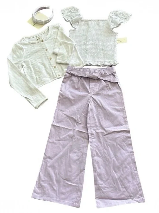 Max Studio Kids Girls 4-Pc Eyelet Top Cardigan Wide Leg Pants Set Size 7/8