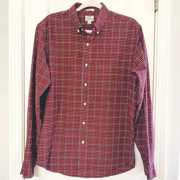 J. CREW • Orange + Navy Gingham Slim All Cotton Oxford Button Down Shirt