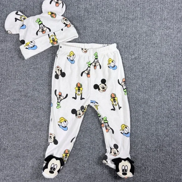 Disney Baby Mickey Mouse Goofy Donald Footed Pants and Beanie Set‎ 3-6M