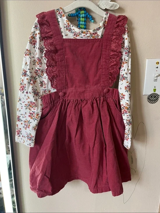 Shabby Chic Burgundy Corduroy Pinafore Dress with Floral Top