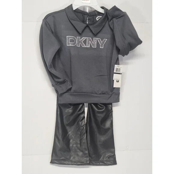 DKNY Girls S- 5‎ 2Pc Outfit, Sparkling Stone Logo Sweatshirt, Black Flared Pants