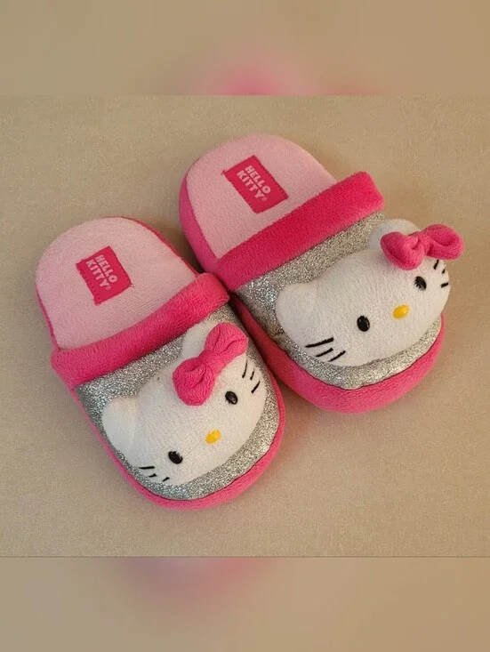 Girls Hello Kitty Pink & Silver Plush Slide Slippers