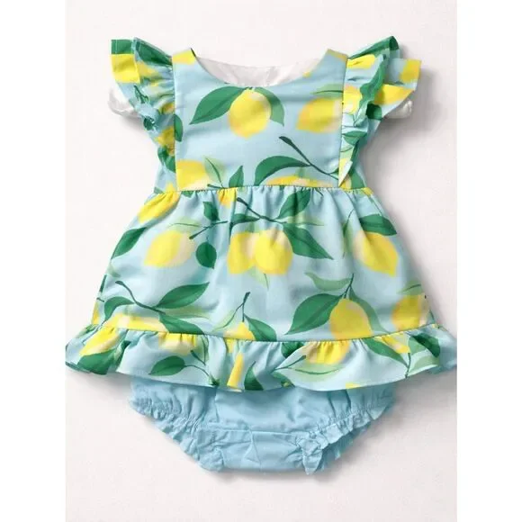 Janie and Jack Lemon Print Dress & Bloomers - Blue, Yellow, Green size 3-6 m NWT
