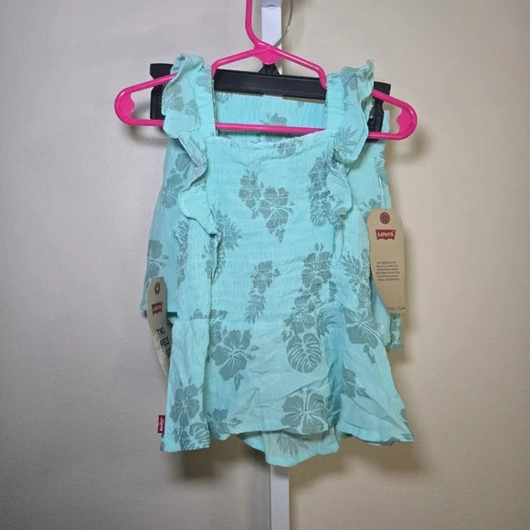 Levi's Girls Aqua Floral Two Piece Set Top and Shorts Tropical Outfit‎ sz 4XS