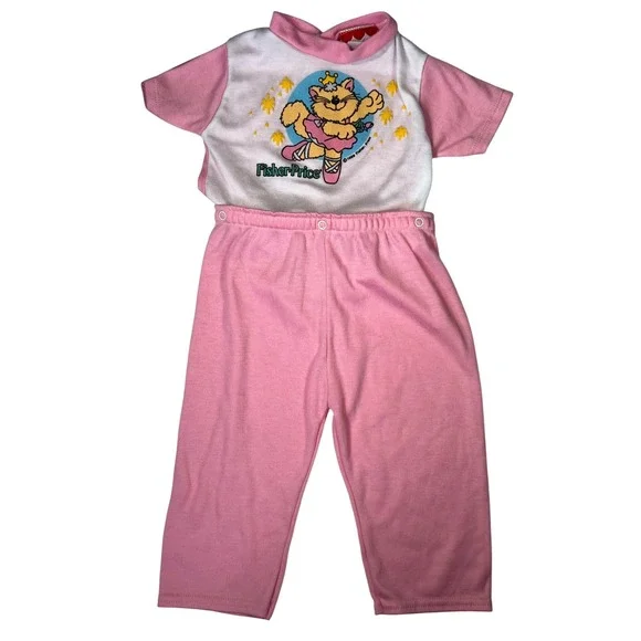 Vintage 1989 Fisher Price Ballerina Cat Pink White Snap On Pants Outfit 18 month