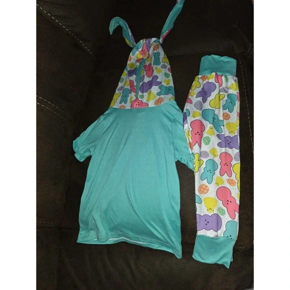 Two little owls boutique spring Easter peeps bunny hood top‎ size 3 leggings 2t