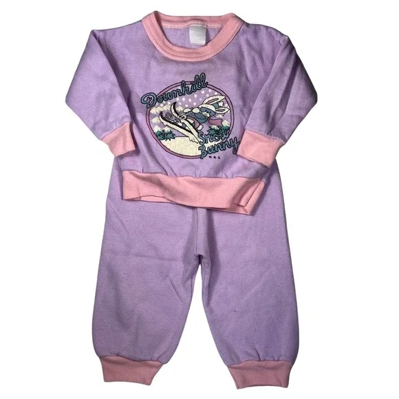 Vintage‎ Downhill Snow Bunny Fleece Sweatsuit Set Purple Pink 18 Months