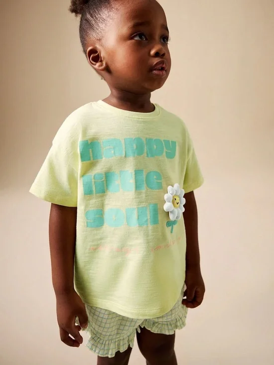 Next Lime Green Flower Short Sleeve Top and Shorts Set Size 2/3 Years