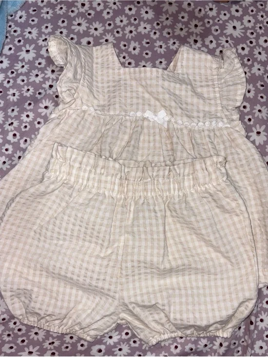 French Connection Baby Cream Gingham Girls Matching Set - Top & Elastic Shorts