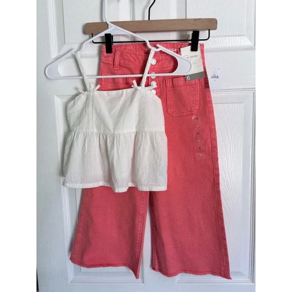 Gap Kids 2pc Outfit Set Size 6 Coral Pink High Stride Jeans White Peplum Top NWT