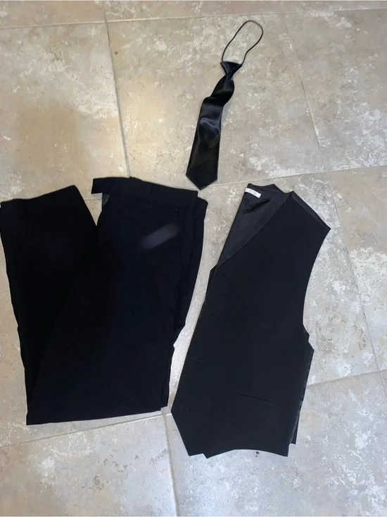 Calvin Klein boys Black Tailored Trousers with Matching Vest and Satin Tie