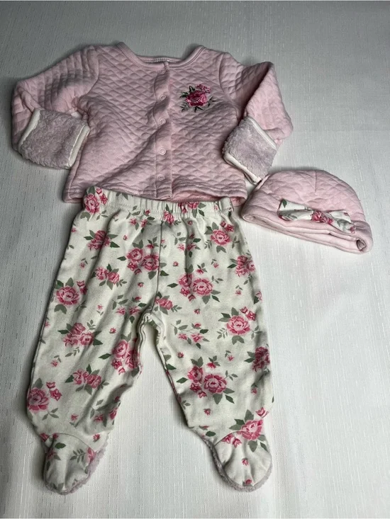 Little Beginnings Pink Floral Quilted Baby Set with Hat Size 3-6 months
