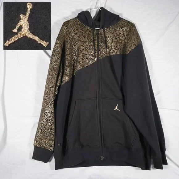 Jordan Cement Print Elephant Hoodie Black Gold XL Full Zip Y2K Rare Vintage