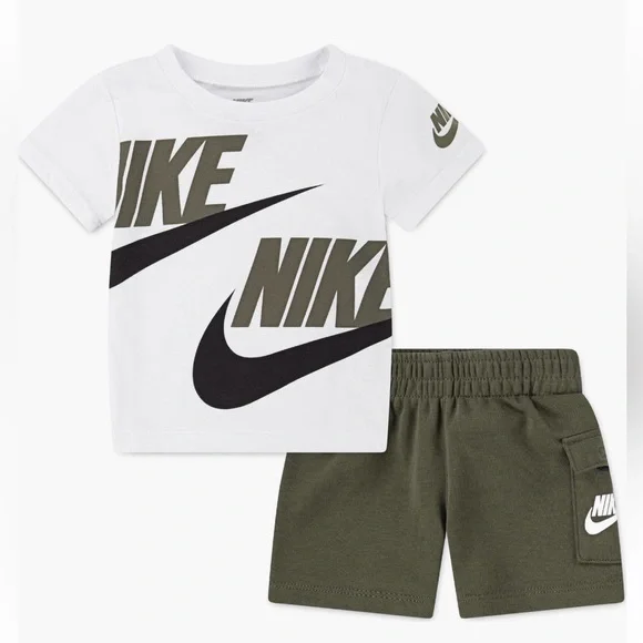 Nike 2-Piece Tee and Short Set 24 Months Olive Green White and Black