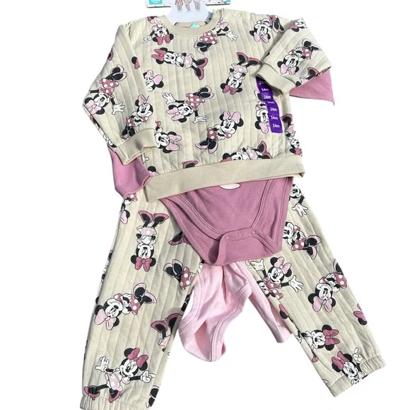 Disney Baby Minnie Mouse 4 Piece Quilted Sweatshirt Joggers Bodysuit Set 24M