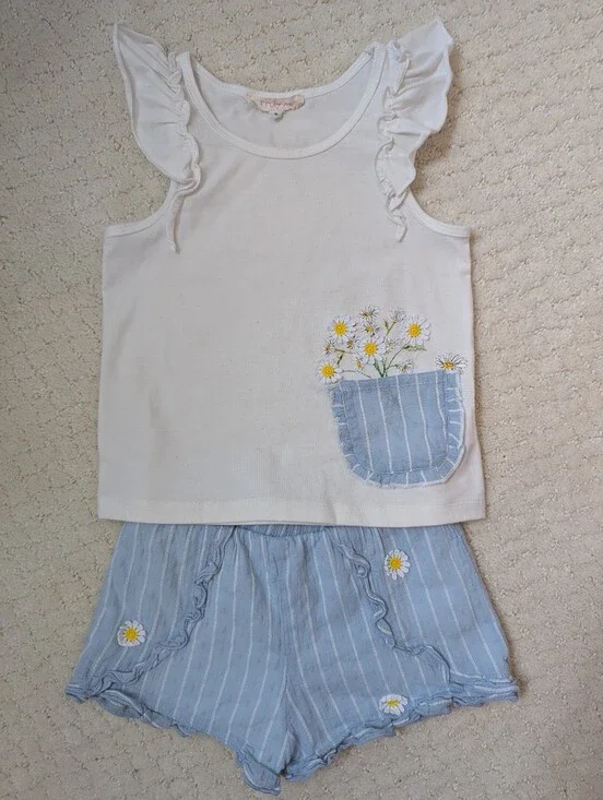Girls Truly Me White Tank & Blue Striped Daisy Shorts Set