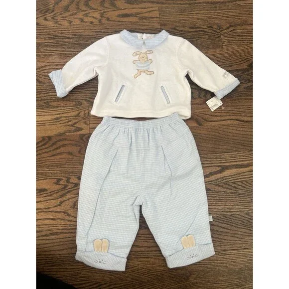 Absorba Baby Boys 2 Pc Bunny Outfit Set Blue White 9M NWT Neiman Marcus