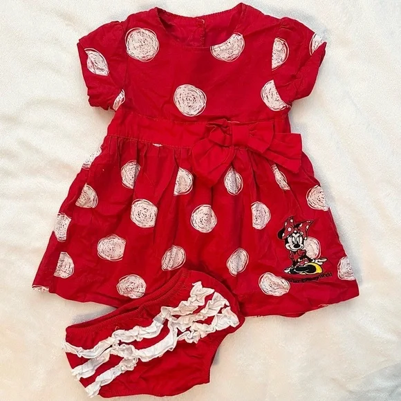Disney Parks Minnie Mouse 2pc Outfit Red White Polka Dot Dress & Ruffle Brief 6M