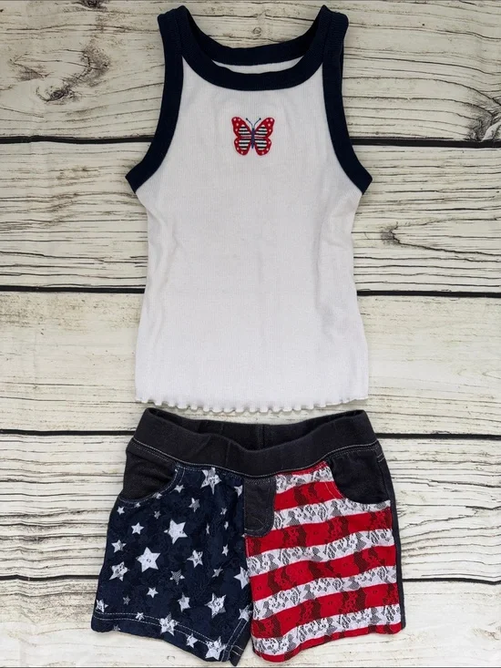 ♡ Girl’s Celebrate Patriotic White Ribbed Tank & American Flag Shorts Set - 6/6X