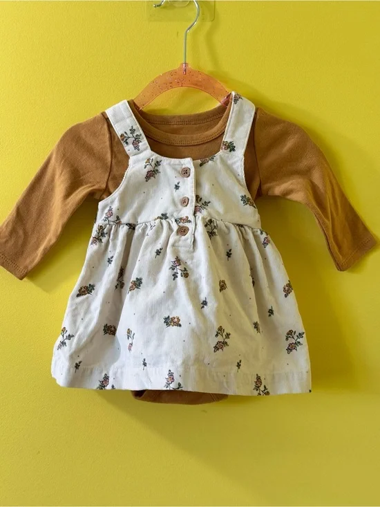 NWOT Carters 2pc Corduroy Floral Overall Skirt Jumper Bodysuit Set 0-3M