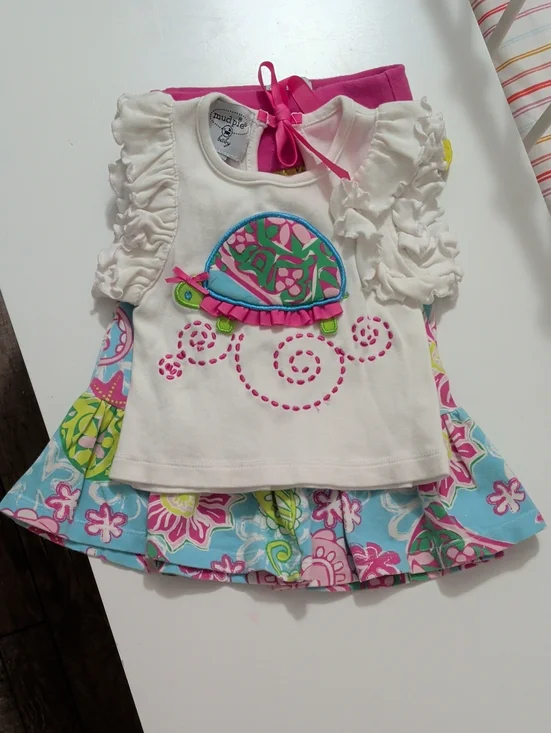 Mud Pie Turtle Top & Pink-Blue Floral Pants Two-Piece Set