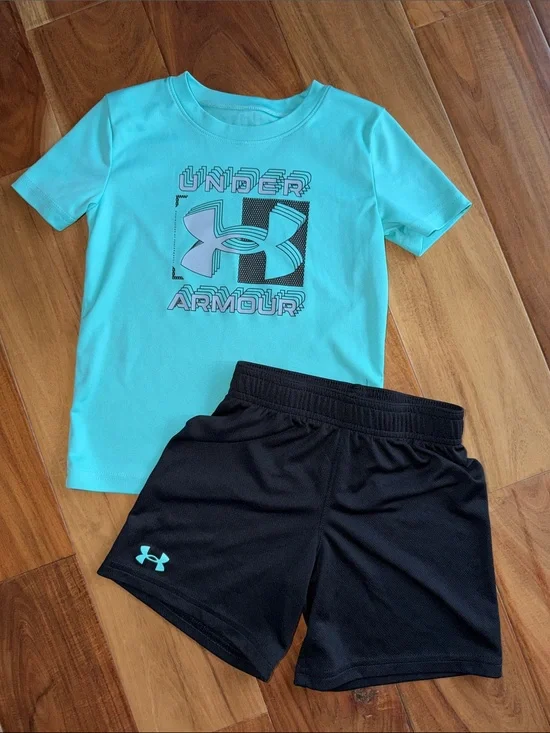 Boys Under Armour Aqua Performance Tee with Black Athletic Shorts Size 4T