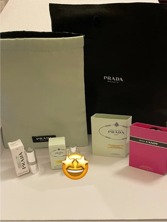 Prada Beauty Set 5 Pieces, Balm,”Empty” Bottles & Sage Green Pouch New in Dusty
