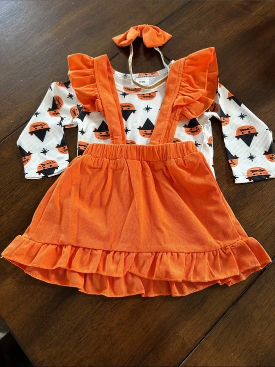 Orange Ruffle Suspender Skirt Set with Halloween Print Top