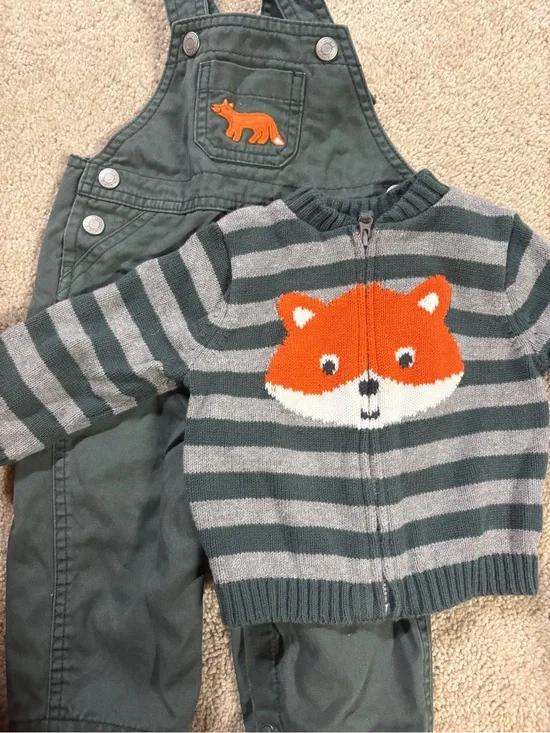 Carter's Green Overalls and Gray/Green Striped Zip Sweater with Orange Fox