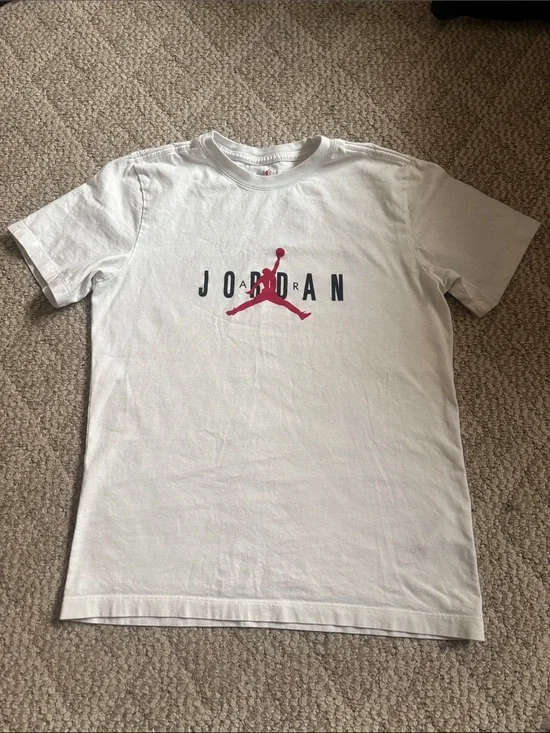 Jordan White Short Sleeve Tee with Red Jumpman and Black Lettering