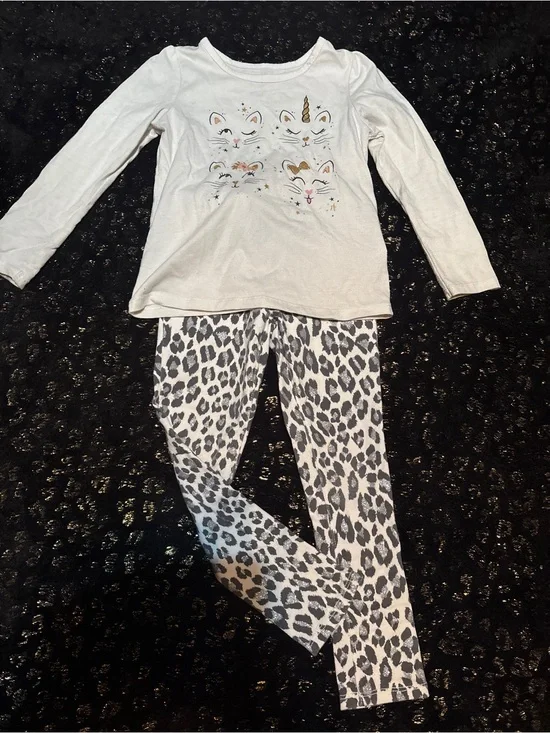White Unicorn & Kitty Print Kids Shirt and Pants Set