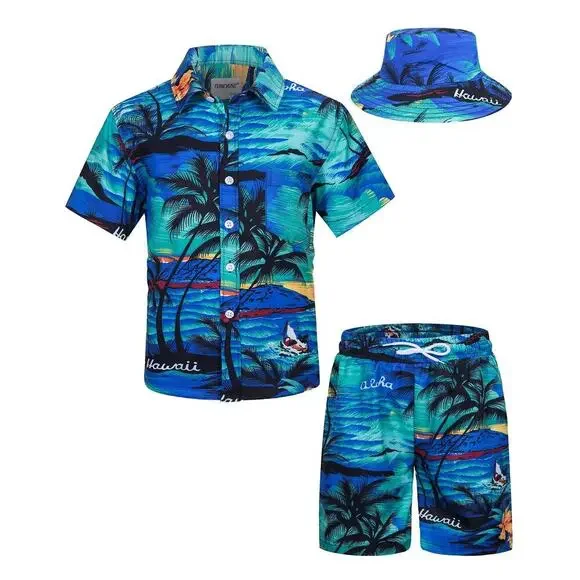 Tunevuse Boys Hawaiian 3pc‎ Cabana Set Shirt Shorts Hat Blue Hawaii Print NEW