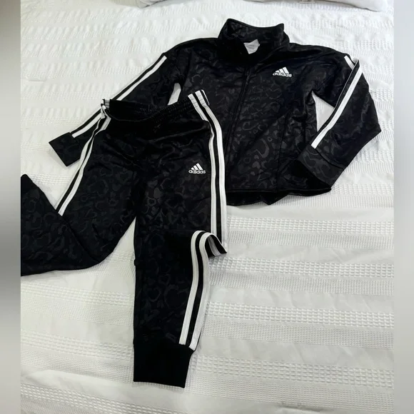 adidas Kids Black Track Jacket and Pants Set with White Stripes
