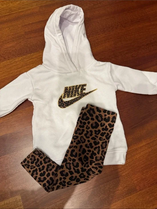 Nike Kids White Hoodie with Brown and Black Leopard Leggings