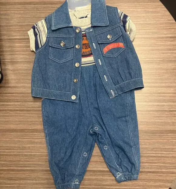 Vintage Little By Little Denim Romper & Vest Set 0 to 6M