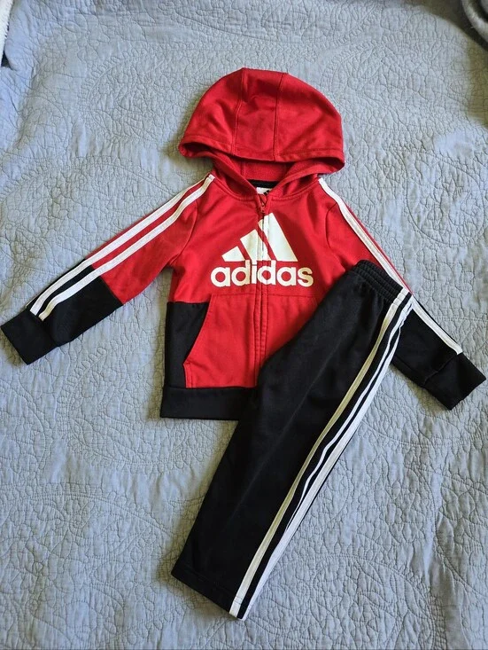 Adidas Red and Black Kids Hooded Tracksuit Set