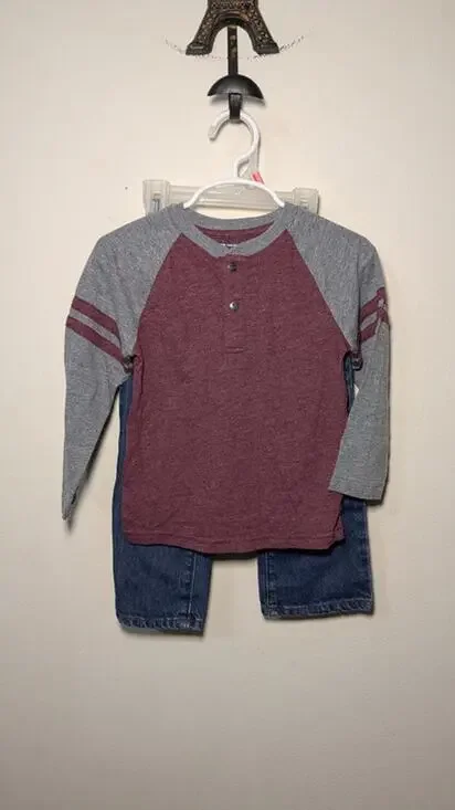 Boys Size 2T Outfit - Children's Place Red + Gray Henley & Bootcut Blue Jeans