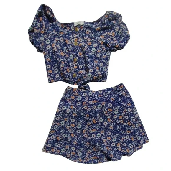 Speechless Girls 2pc‎ Blue Floral Matching Skirt Set Puff Sleeve Top Size12