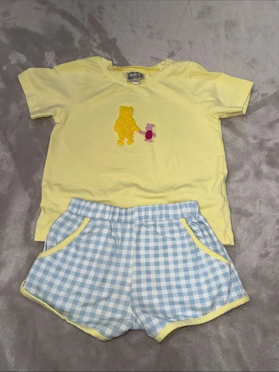 Yellow Winnie-the-Pooh Short Pajama Set with Light Blue Gingham Shorts - Kids