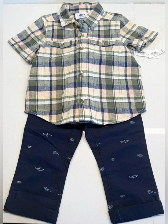 NWT Old Navy 18-24M Plaid Button-Up Shirt & Shark Print Chino Pants Outfit Set