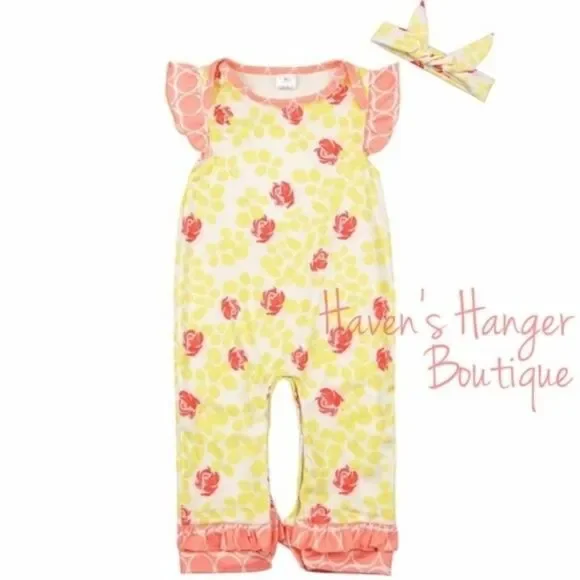 2pc. Roses & Leaves Baby Girl Romper with headband