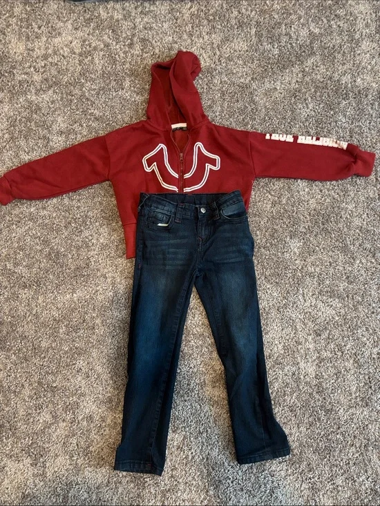True Religion Burgundy Zip Hoodie with Dark Wash Jeans