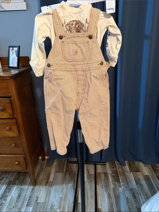 Carhartt Tan & White Striped Baby Overalls with Pocket